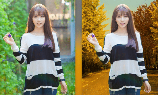 Modifying the background of a photograph with a foreign woman